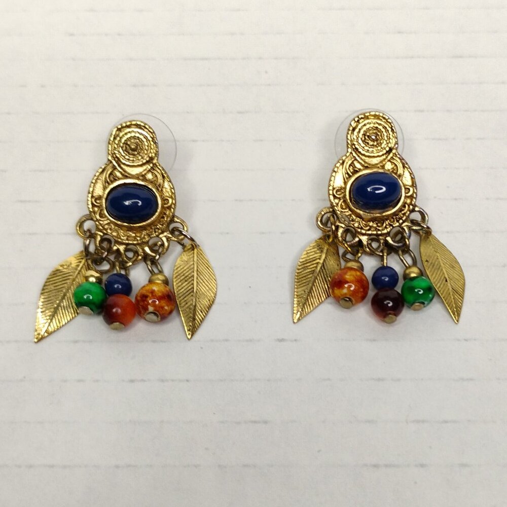 Gently Worn Earrings with Glass Beads and Feather Accents -Gold Tone Base